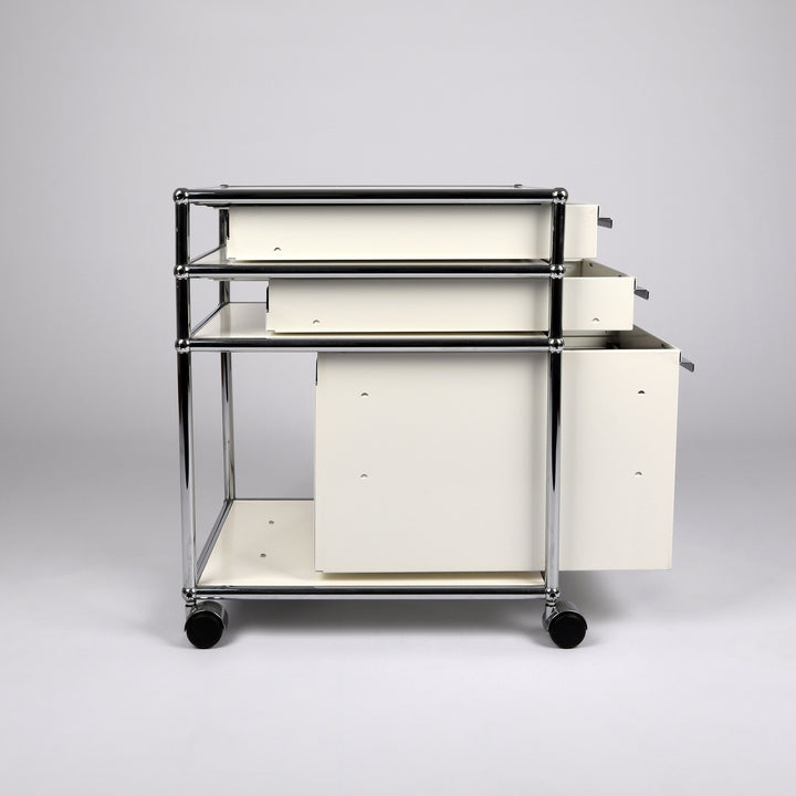 779 USM Rollcontainer Rollschrank lichtgrau – Seitenansicht Schubladen und Staufach geöffnet